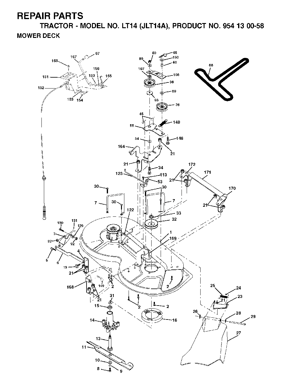 Mower Deck / Cutting Deck Diagram and Parts List for LT14 (954130058)(2002-06) Jonsered Lawn Tractor