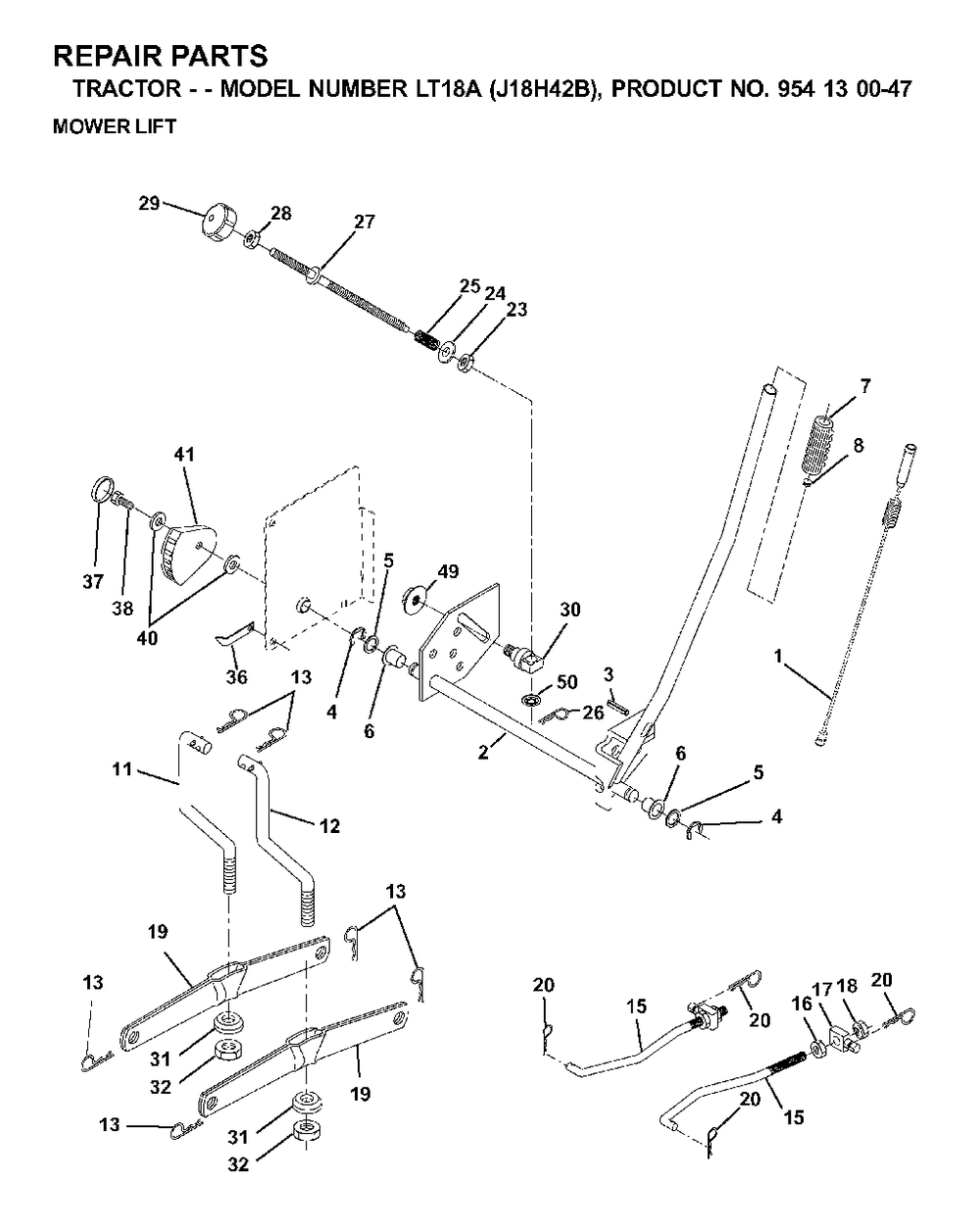 Mower Lift / Deck Lift Diagram and Parts List for LT18A (954130047-B)(2001-01) Jonsered Lawn Tractor