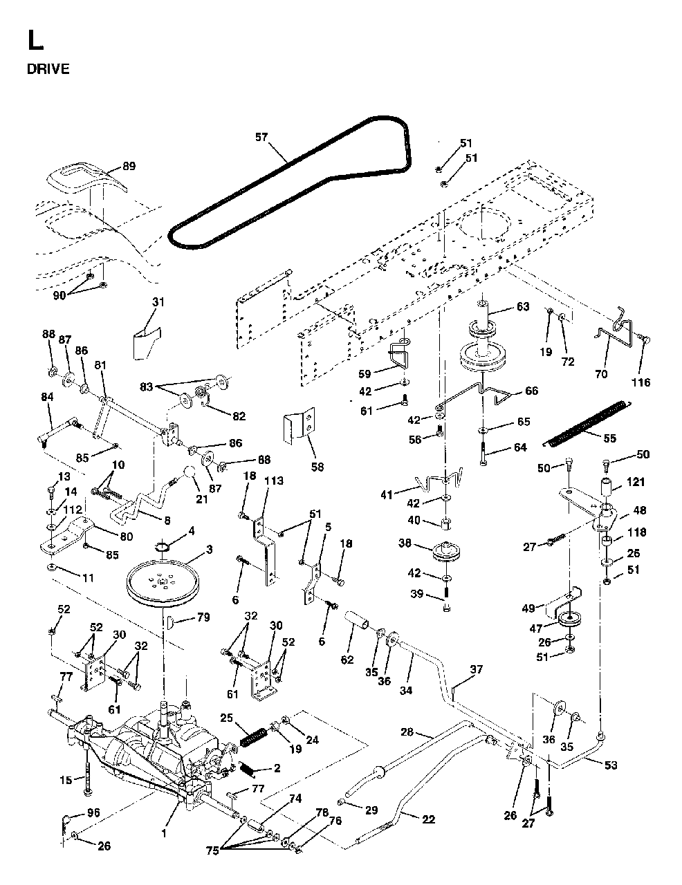 Drive Diagram and Parts List for LT13 (954130001)(1997-04) Jonsered Lawn Tractor