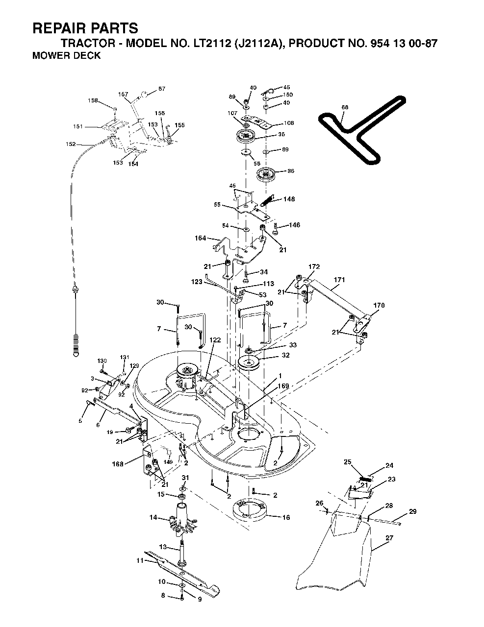 Mower Deck / Cutting Deck Diagram and Parts List for LT2112 (954130087)(2003-01) Jonsered Lawn Tractor
