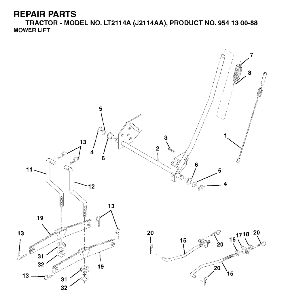 Mower Lift / Deck Lift Diagram and Parts List for LT2114A (954130088)(2003-01) Jonsered Lawn Tractor