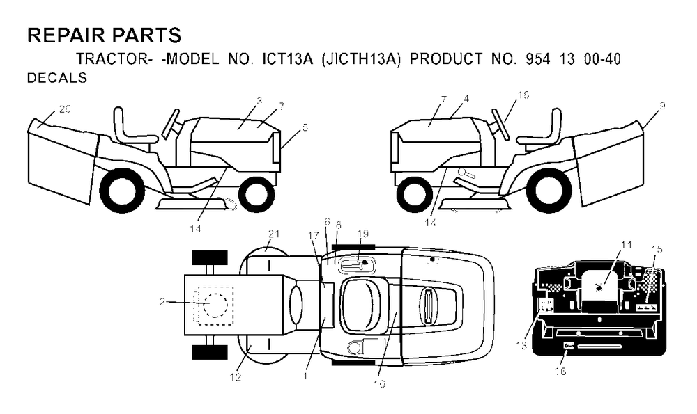 Decals Diagram and Parts List for ICT13A (954130040)(2000-02) Jonsered Lawn Tractor