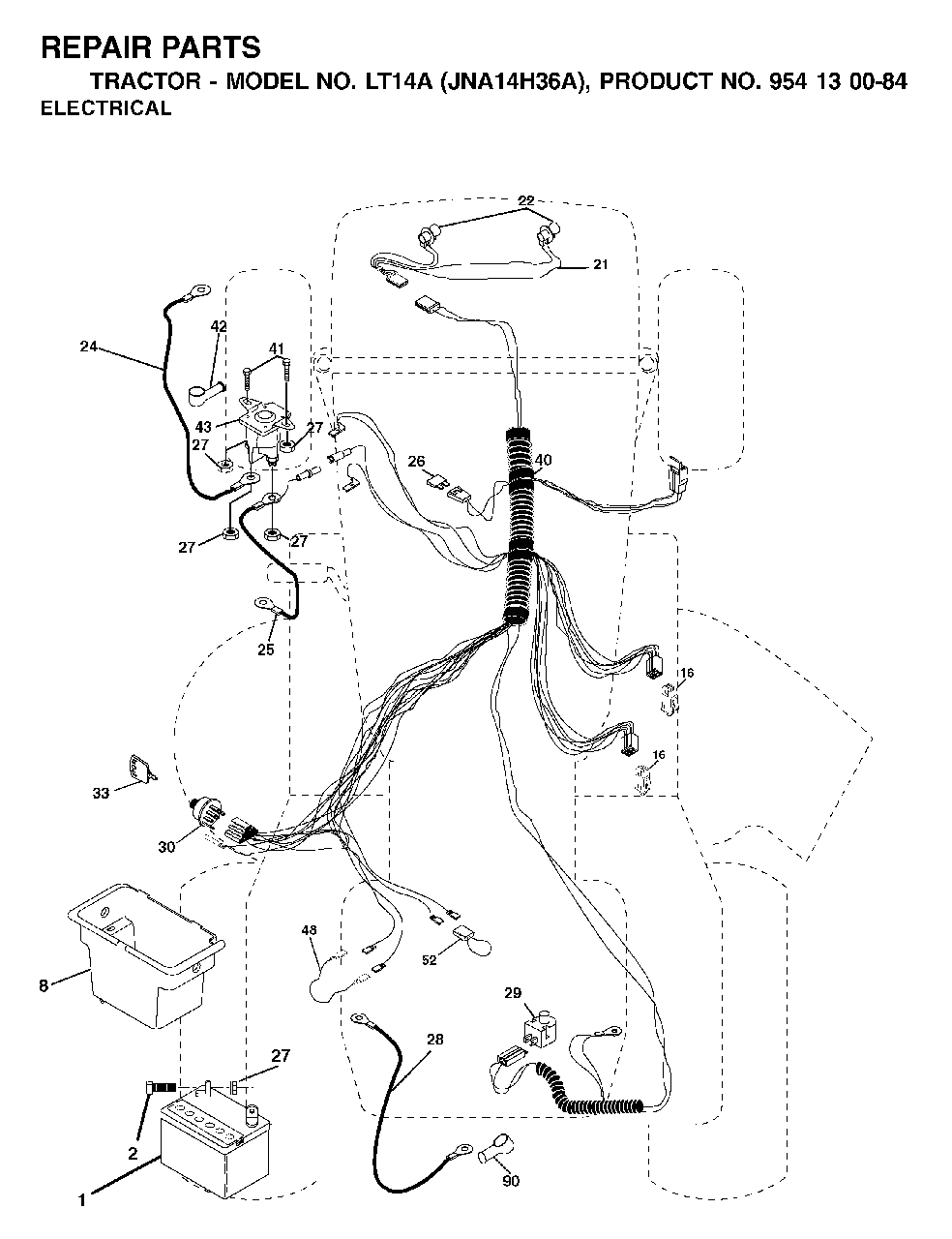 Electrical Diagram and Parts List for LT14A (954130084)(2003-01) Jonsered Lawn Tractor