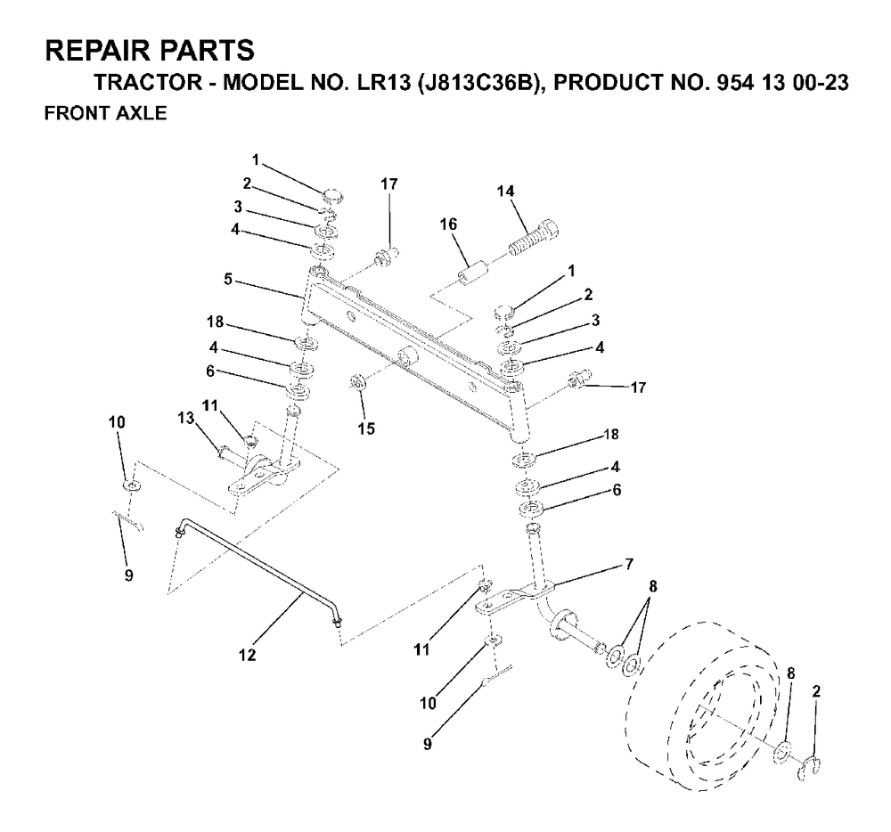 Front Axel Diagram and Parts List for LR13 (954130023)(1998-12) Jonsered Lawn Tractor