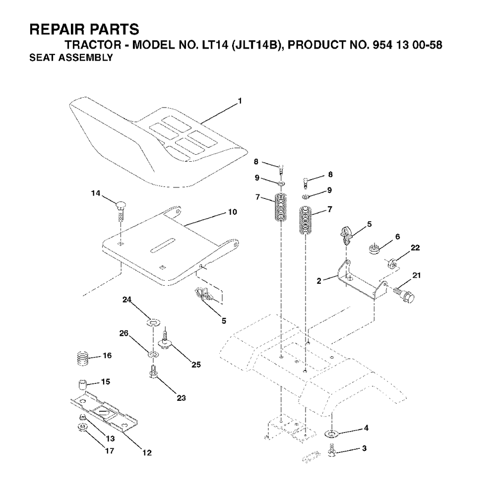 Seat Diagram and Parts List for LT14 (954130058)(2003-01) Jonsered Lawn Tractor