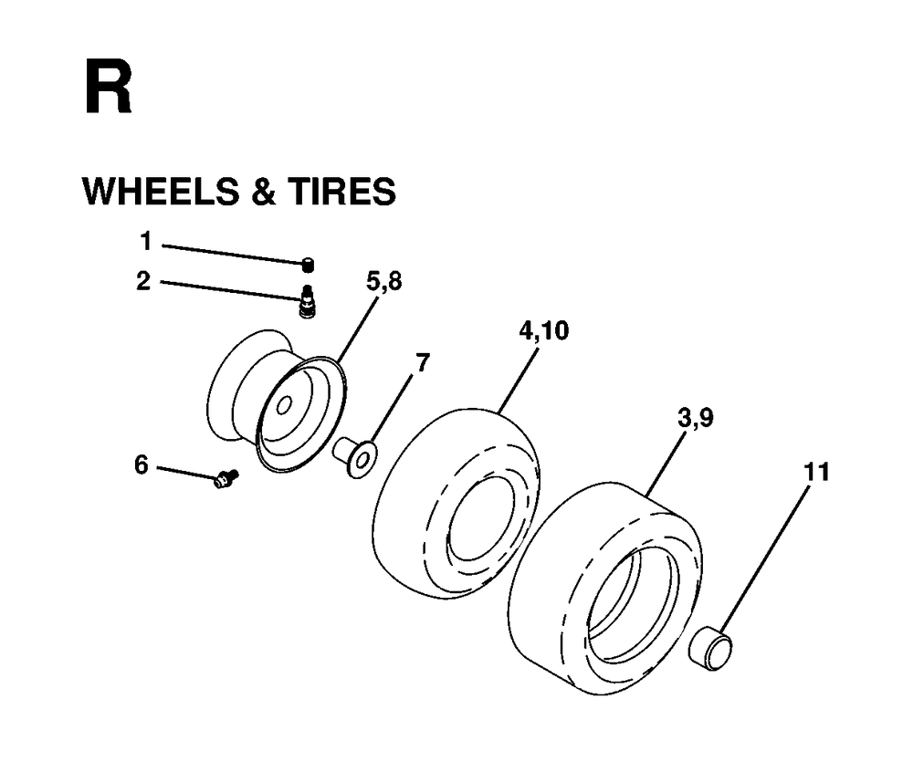 Wheels Tires Diagram and Parts List for LTH13 1998-01 Jonsered Lawn Tractor