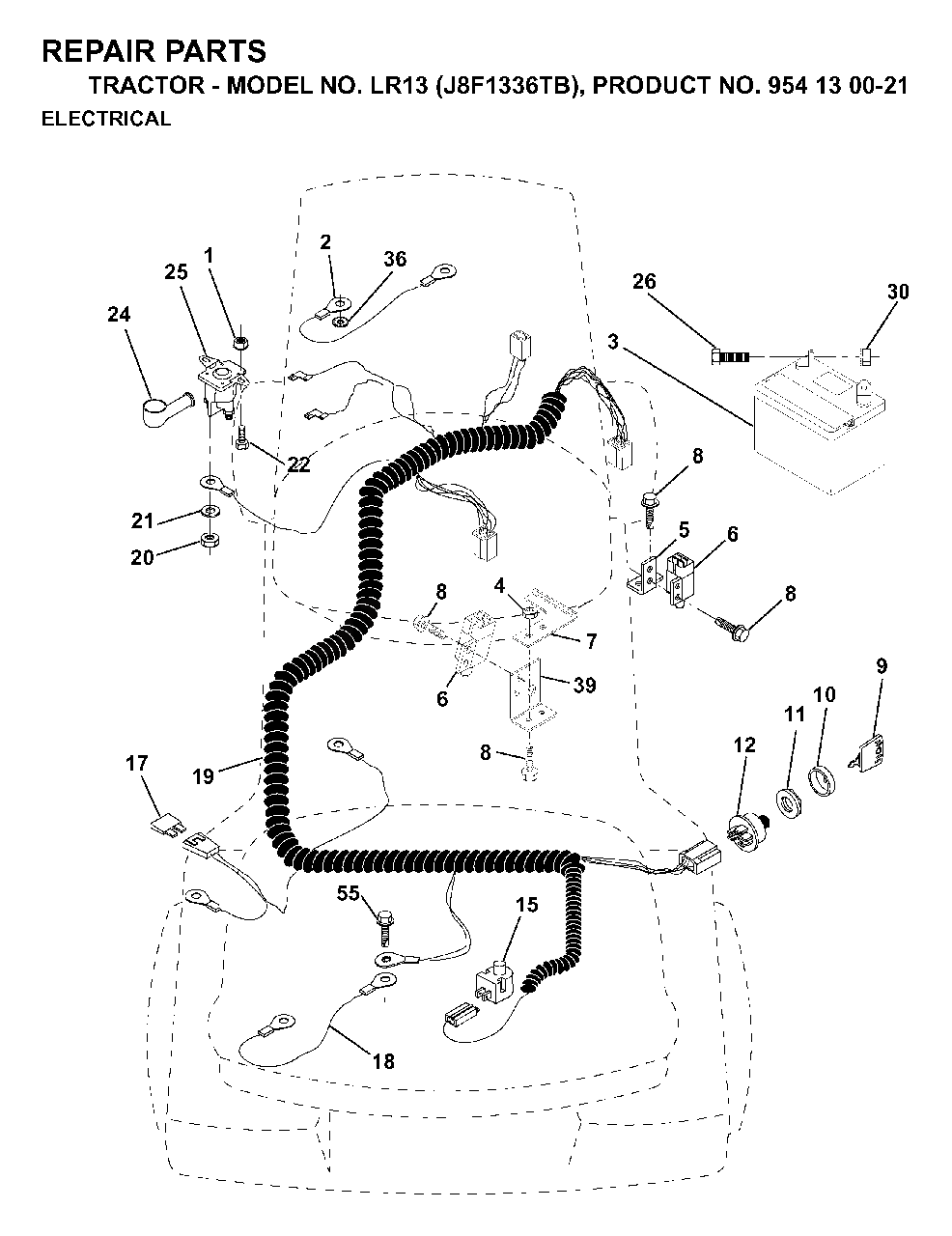 Electrical Diagram and Parts List for LR13 (954130021)(1998-12) Jonsered Lawn Tractor