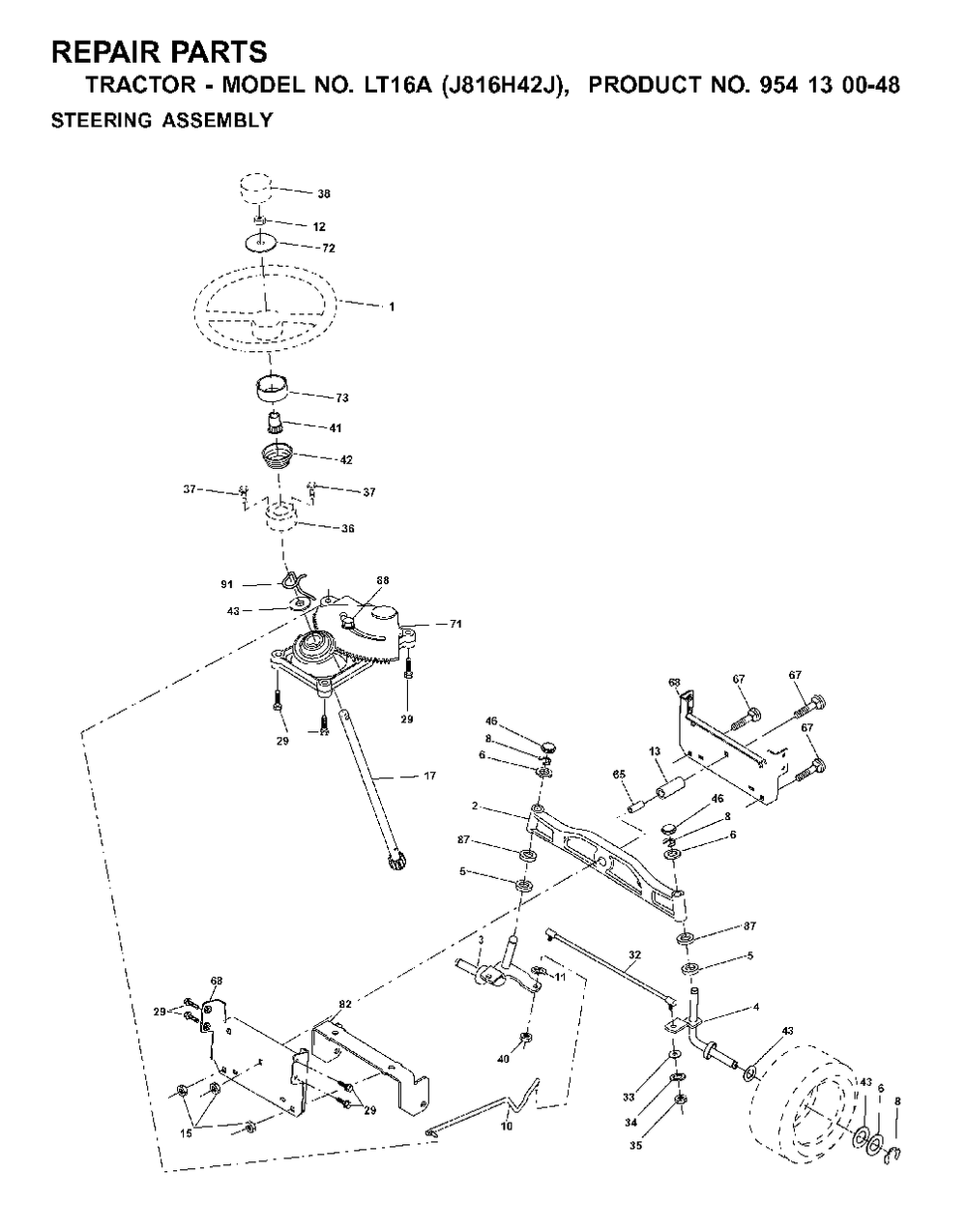 Steering Diagram and Parts List for LT16A (954130048)(2001-02) Jonsered Lawn Tractor