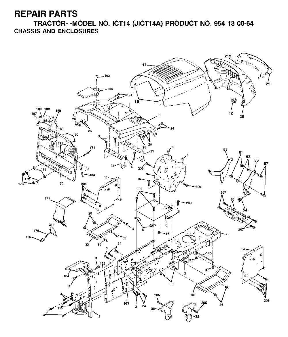 Chassis Enclosures Diagram and Parts List for ICT14 (954130064)(2002-02) Jonsered Lawn Tractor