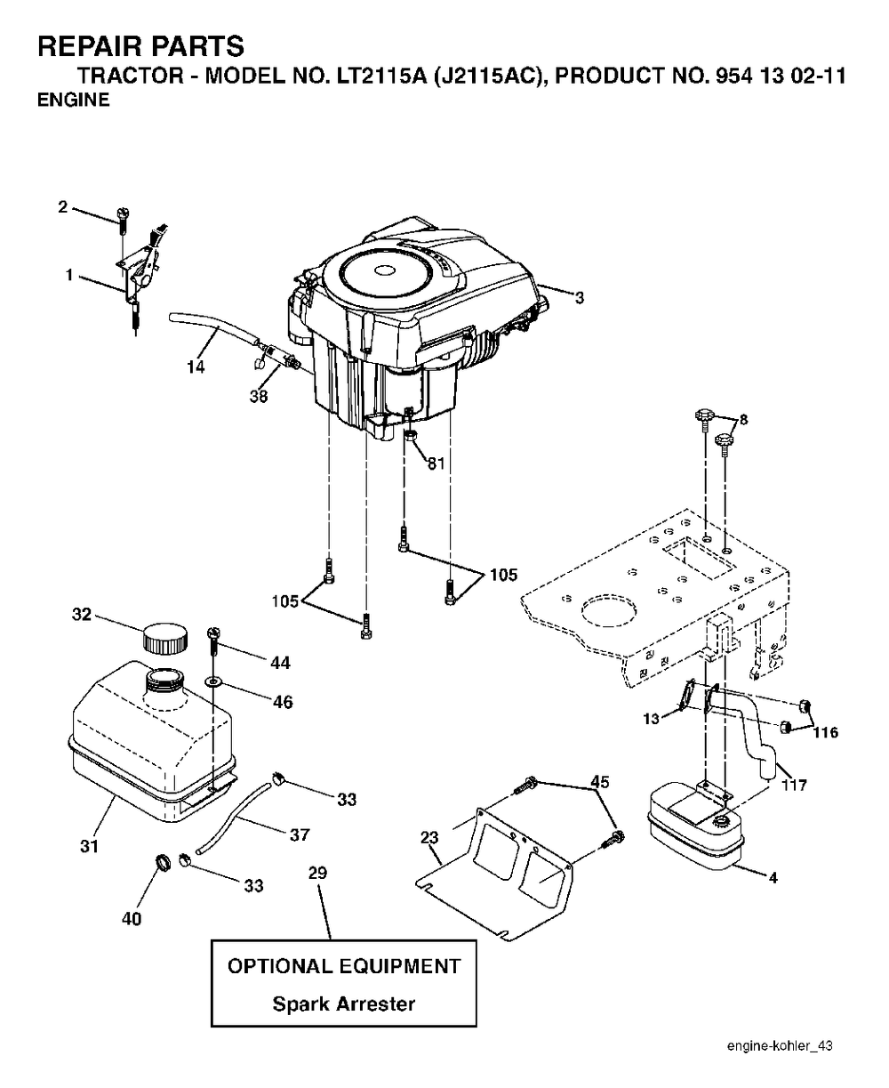 Engine Cutting Equipment Diagram and Parts List for LT2115A (954130211)(2004-09) Jonsered Lawn Tractor