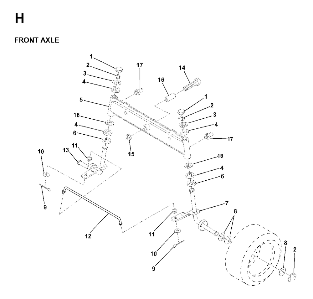 Front Axel Diagram and Parts List for LRH13 1998-01 Jonsered Lawn Tractor