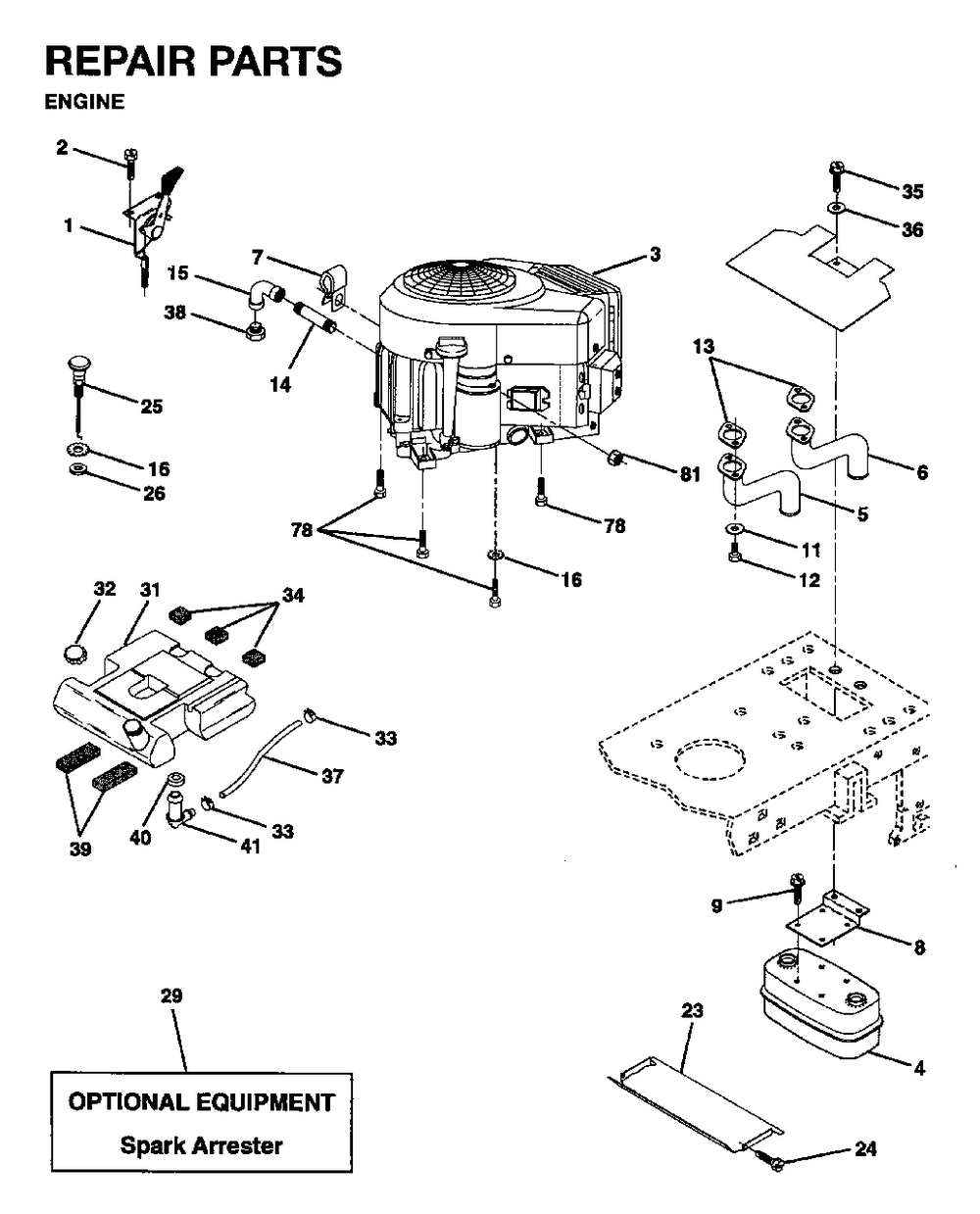 Engine Cutting Equipment Diagram and Parts List for YTH16 1995-01 Jonsered Lawn Tractor