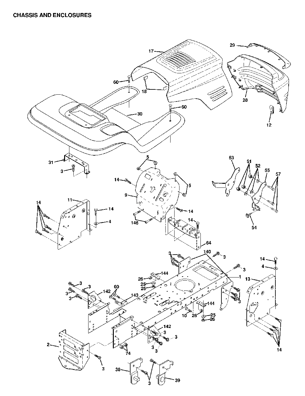 Chassis Enclosures Diagram and Parts List for LTH18 1998-02 Jonsered Lawn Tractor
