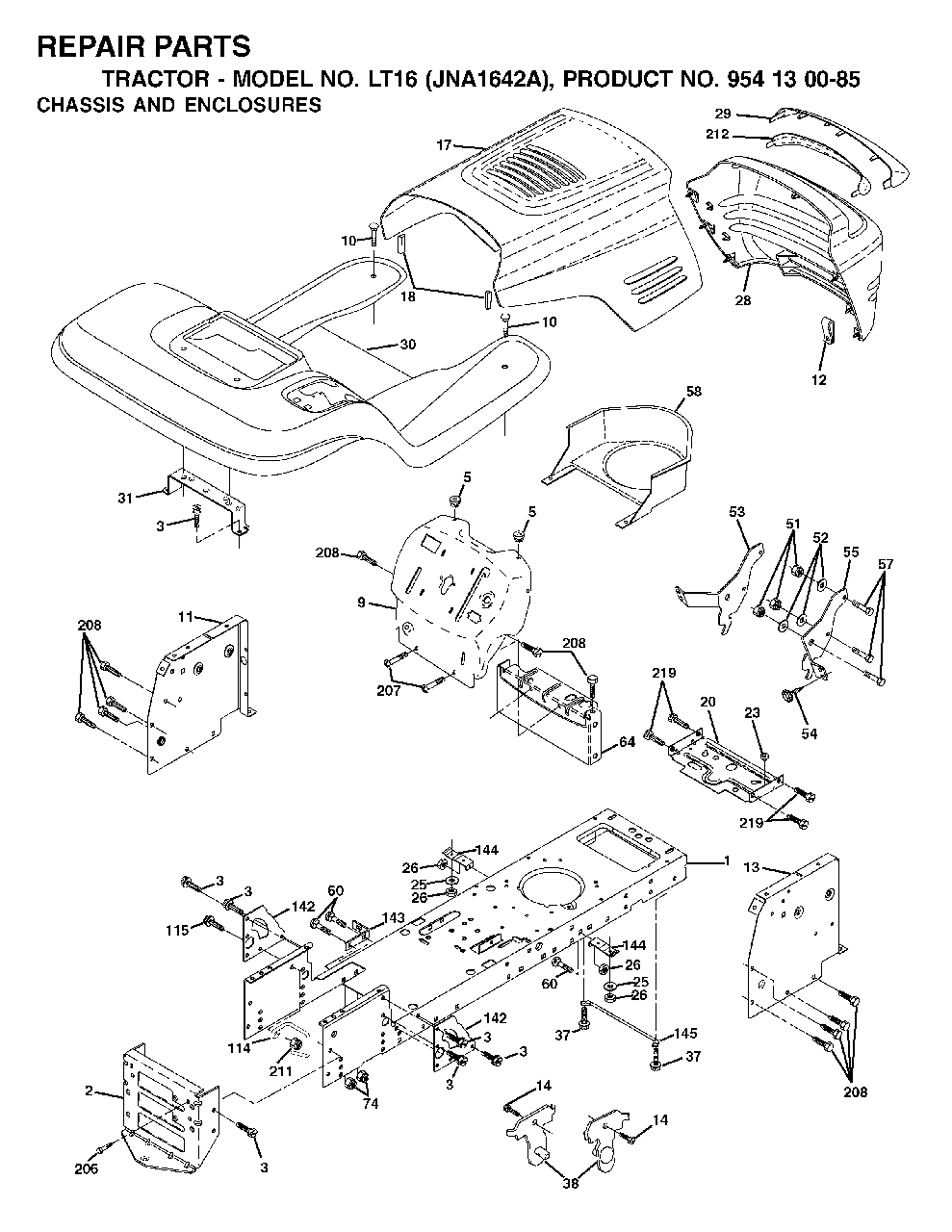 Chassis Enclosures Diagram and Parts List for LT16 (954130085)(2003-01) Jonsered Lawn Tractor