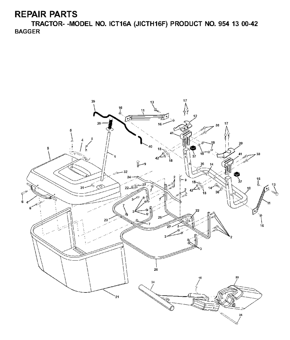 Bagger Diagram and Parts List for ICT16A (954130042-F)(2001-02) Jonsered Lawn Tractor