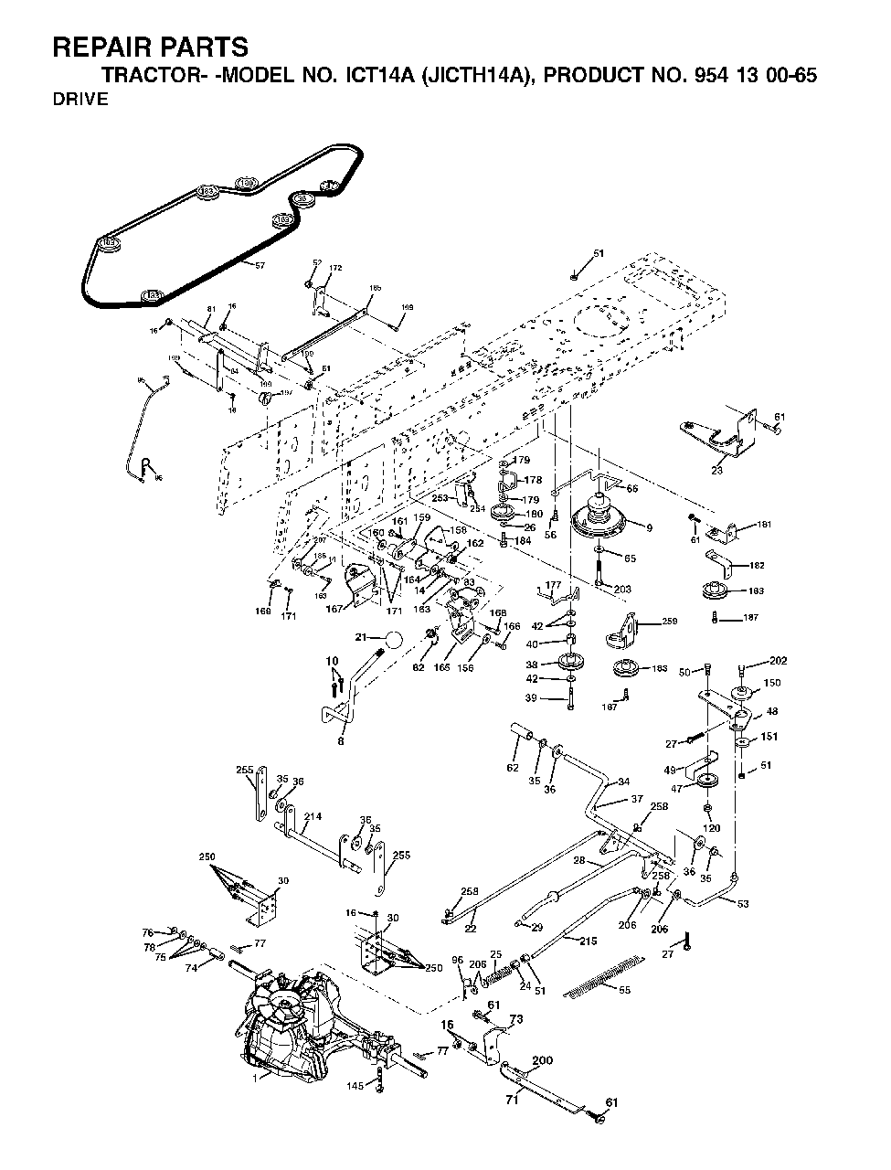 Drive Diagram and Parts List for ICT14A (954130065-A)(2002-02) Jonsered Lawn Tractor
