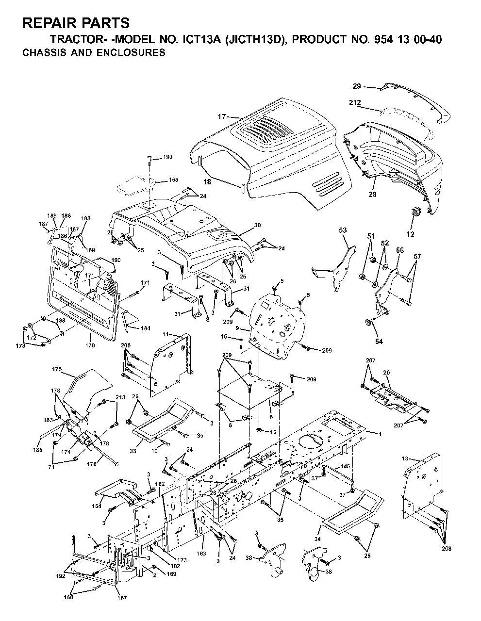Chassis Enclosures Diagram and Parts List for ICT13A (954130040-D)(2001-02) Jonsered Lawn Tractor