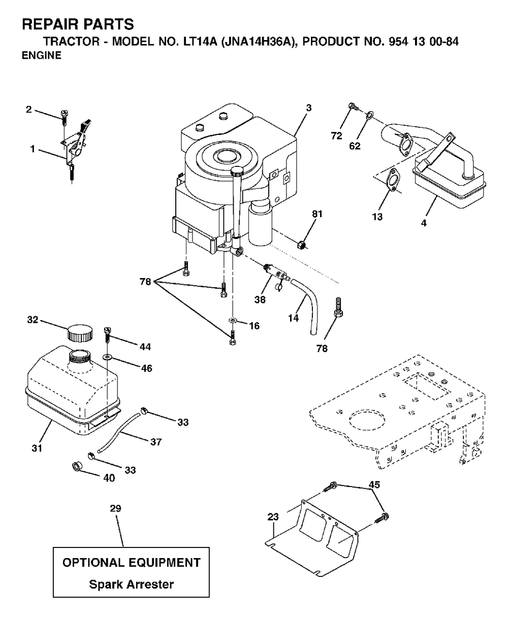 Engine Cutting Equipment Diagram and Parts List for LT14A (954130084)(2003-01) Jonsered Lawn Tractor