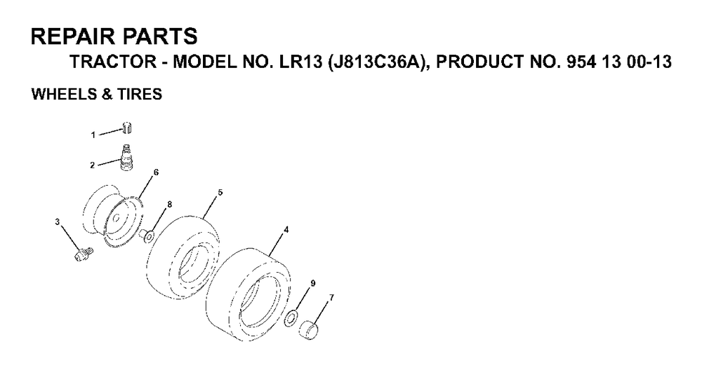 Wheels Tires Diagram and Parts List for LR13 (954130013)(1998-01) Jonsered Lawn Tractor