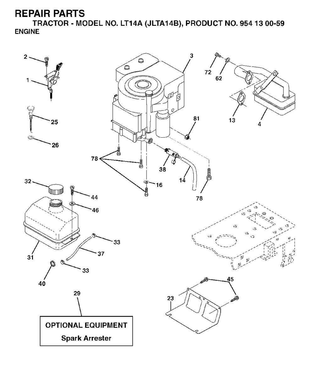 Engine Diagram and Parts List for LT14A (954130059)(2003-01) Jonsered Lawn Tractor