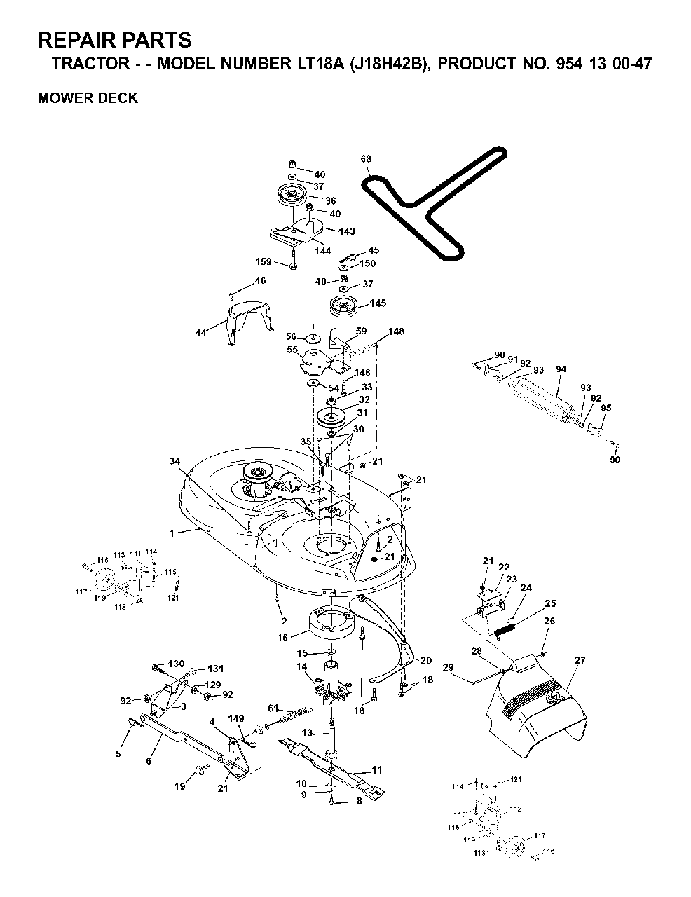 Mower Deck / Cutting Deck Diagram and Parts List for LT18A (954130047-B)(2001-01) Jonsered Lawn Tractor