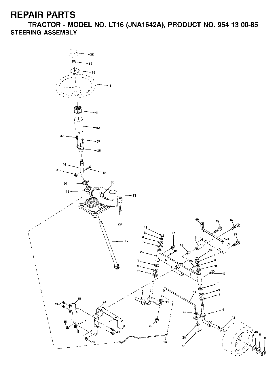 Steering Diagram and Parts List for LT16 (954130085)(2003-01) Jonsered Lawn Tractor