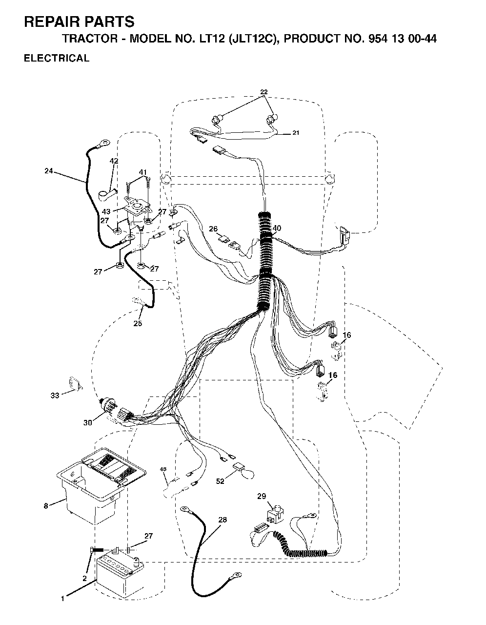 Electrical Diagram and Parts List for LT12 (954130044)(2001-09) Jonsered Lawn Tractor