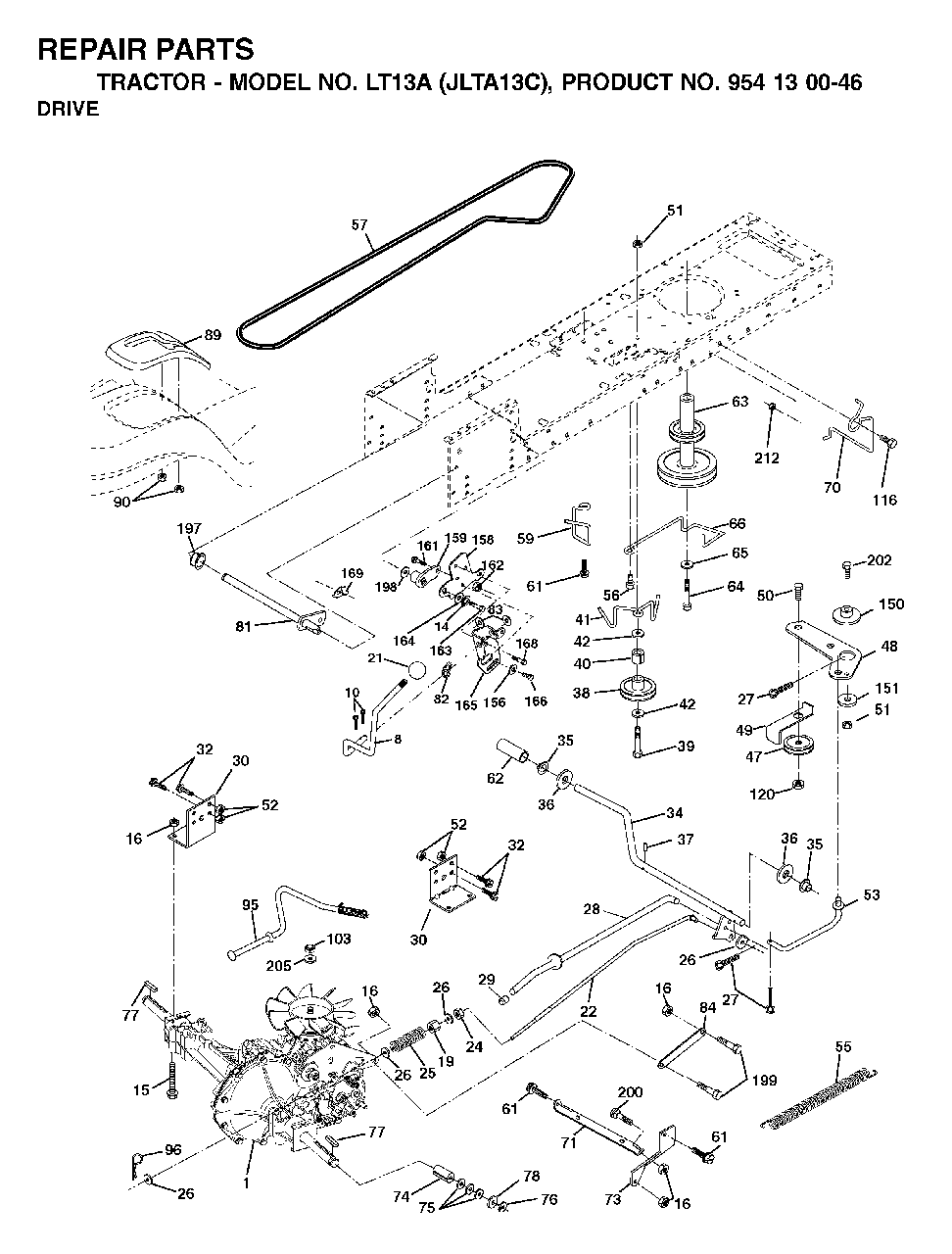 Drive Diagram and Parts List for LT13A (954130046)(2001-09) Jonsered Lawn Tractor
