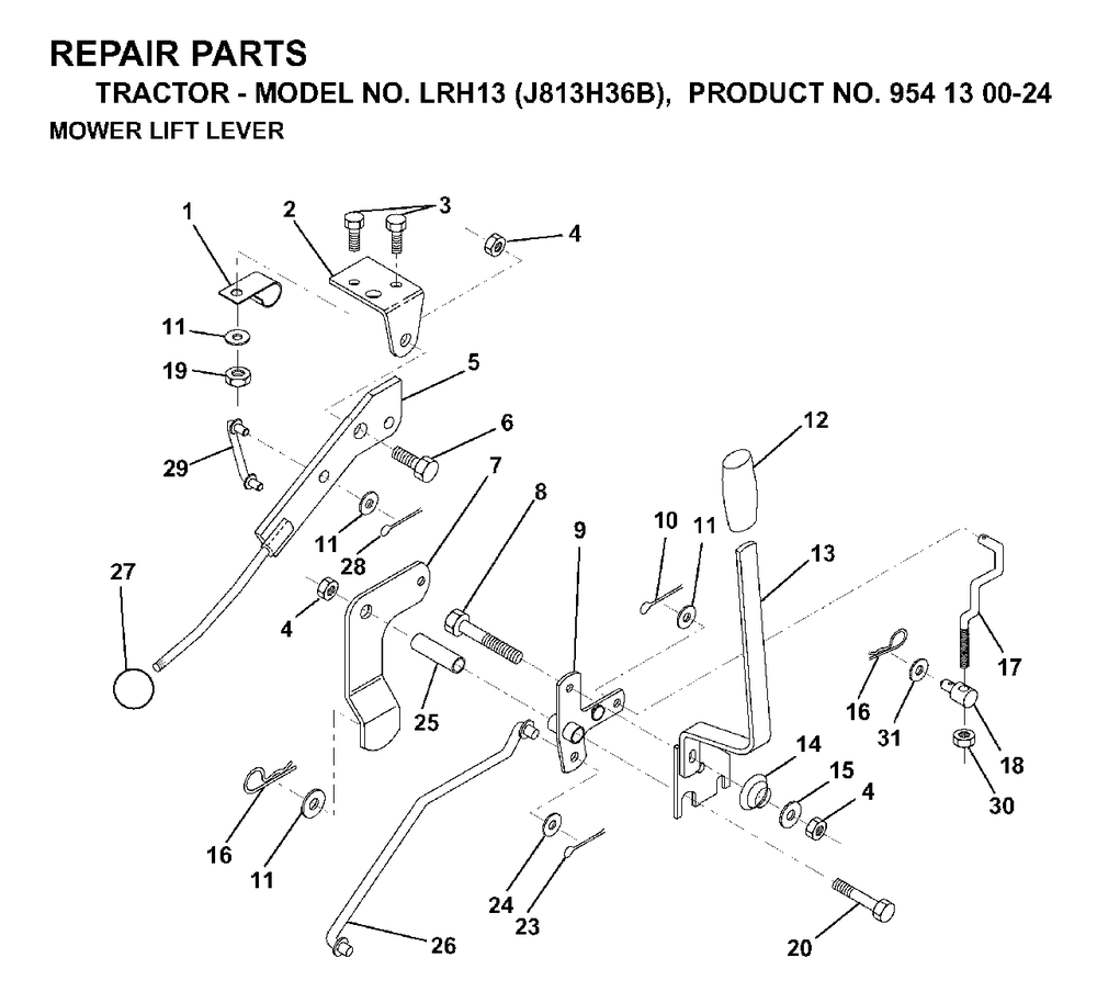 Mower Lift Lever Diagram and Parts List for LRH13 (954130024)(1998-12) Jonsered Lawn Tractor