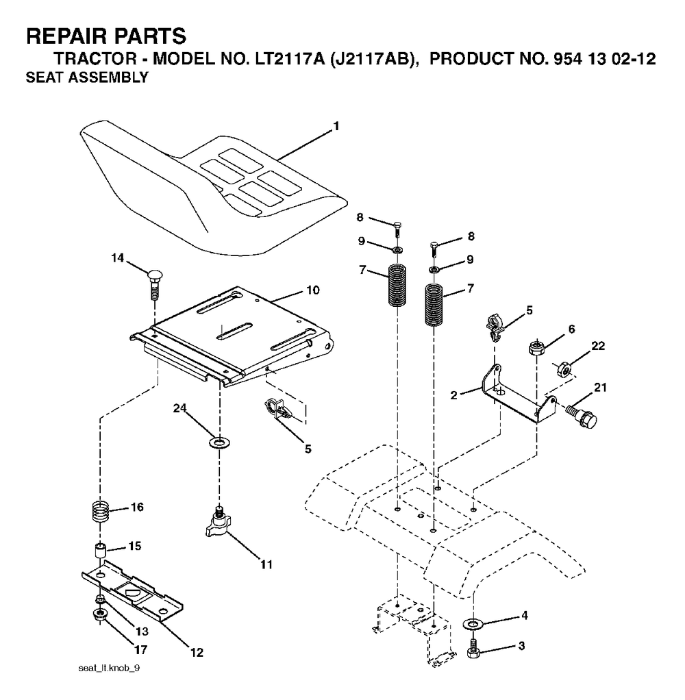Seat Diagram and Parts List for LT2117A (954130212)(2004-01) Jonsered Lawn Tractor