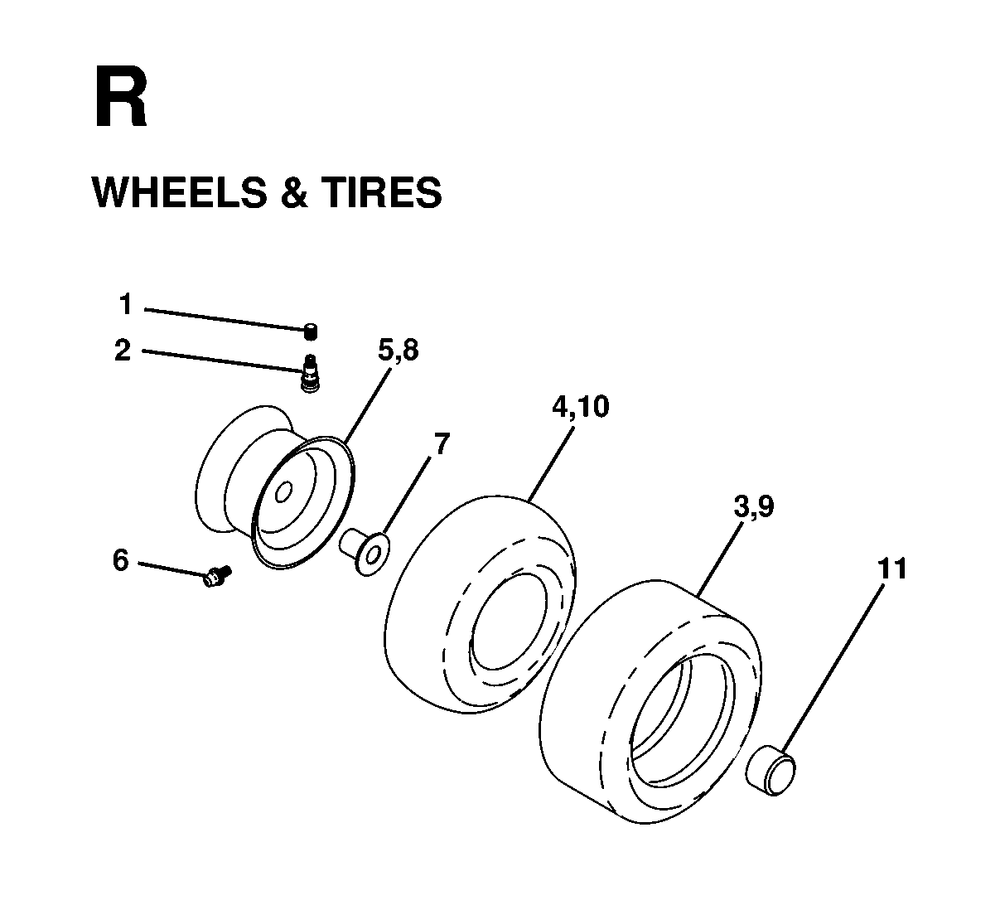 Wheels Tires Diagram and Parts List for LT13 1998-01 Jonsered Lawn Tractor