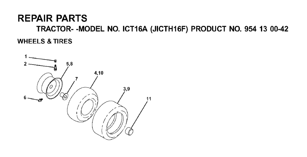Wheels Tires Diagram and Parts List for ICT16A (954130042-F)(2001-02) Jonsered Lawn Tractor
