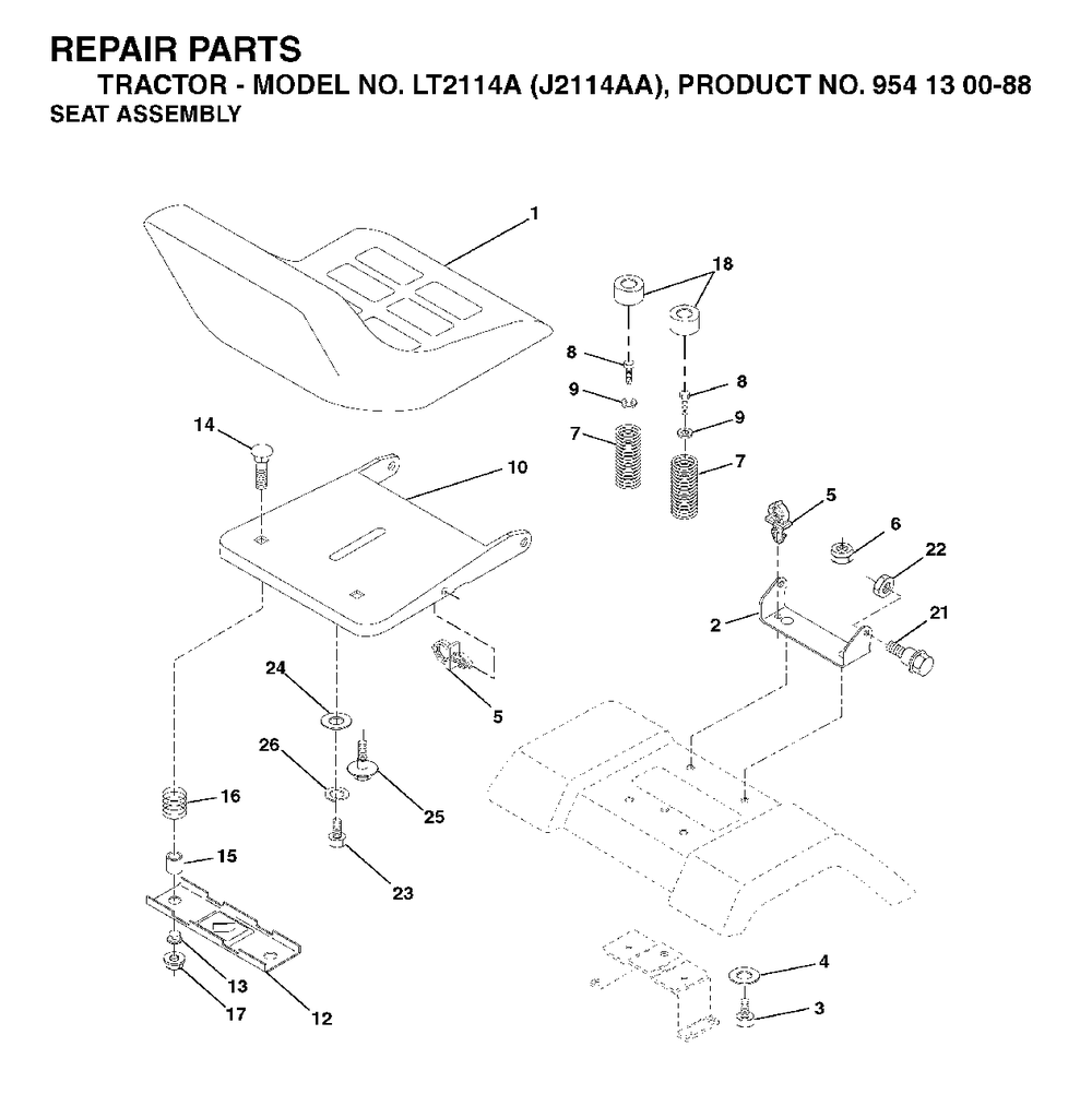 Seat Diagram and Parts List for LT2114A (954130088)(2003-01) Jonsered Lawn Tractor