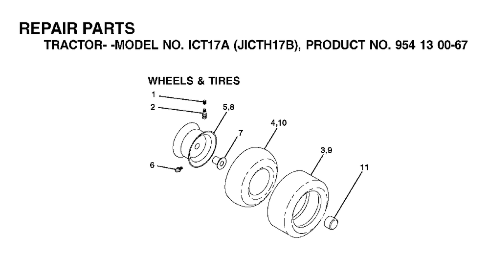 Wheels Tires Diagram and Parts List for ICT17A (954130067)(2002-06) Jonsered Lawn Tractor