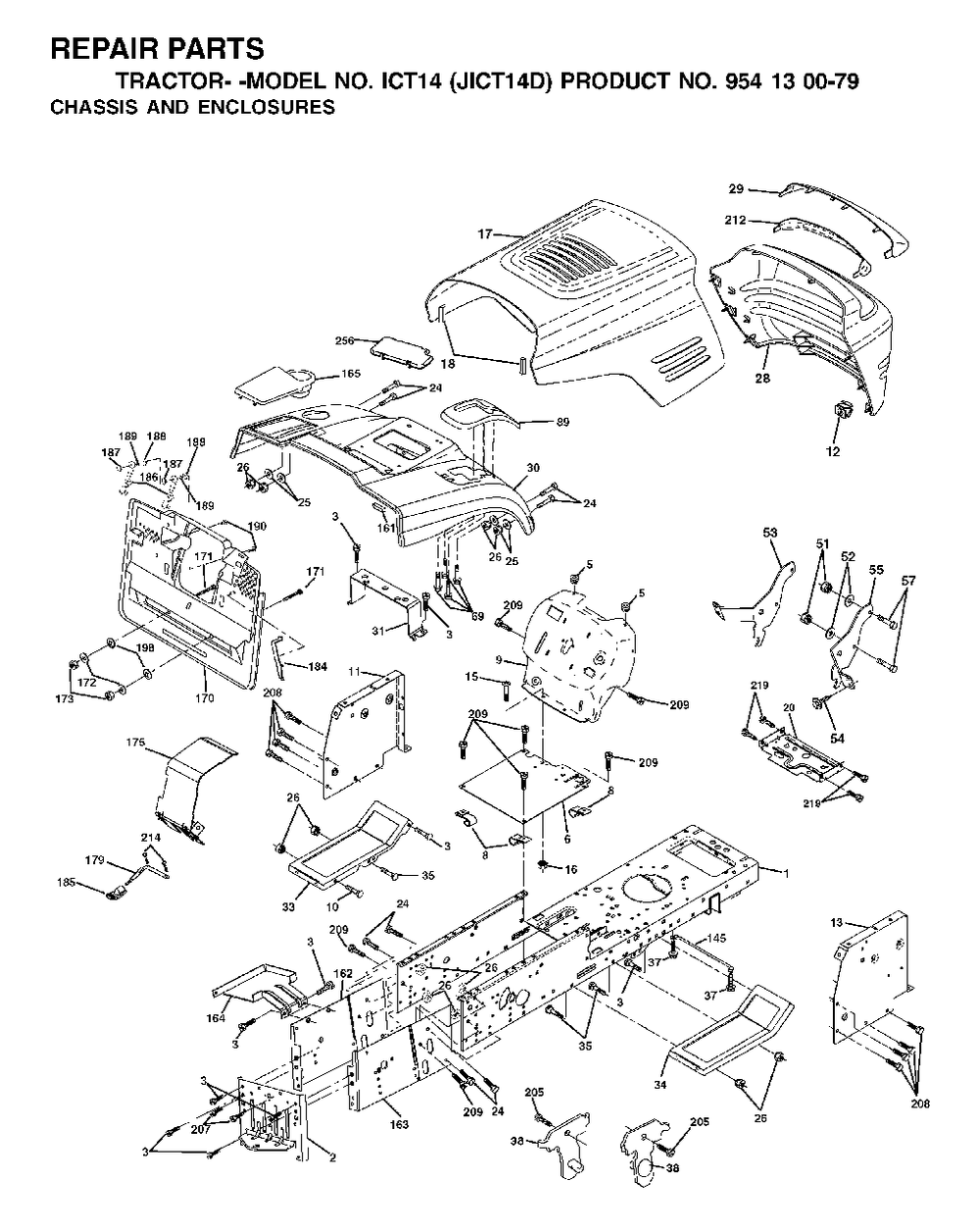 Chassis Enclosures Diagram and Parts List for ICT14 (954130079-D)(2002-06) Jonsered Lawn Tractor