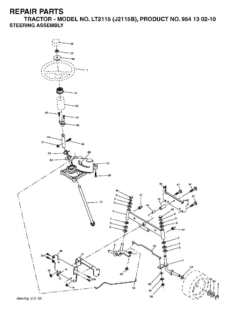 Steering Diagram and Parts List for LT2115 (954130210)(2004-06) Jonsered Lawn Tractor