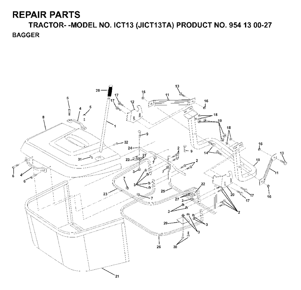 Bagger Diagram and Parts List for ICT13 (954130027)(1999-03) Jonsered Lawn Tractor