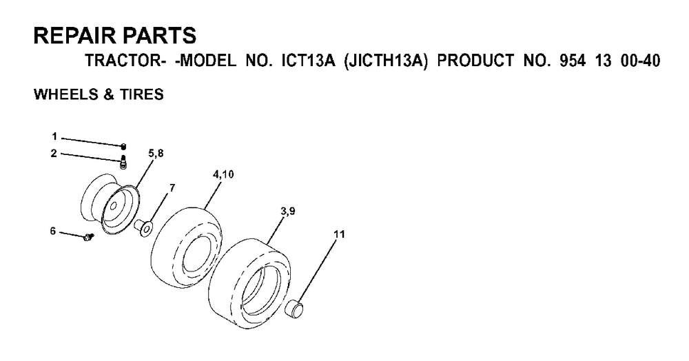 Wheels Tires Diagram and Parts List for ICT13A (954130040)(2000-02) Jonsered Lawn Tractor