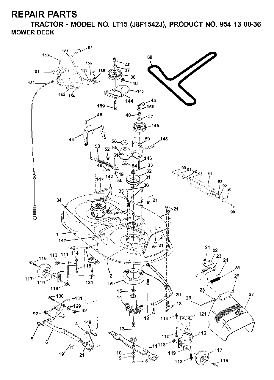 Mower Deck / Cutting Deck Diagram and Parts List for LT15 (954130036-J)(2001-01) Jonsered Lawn Tractor