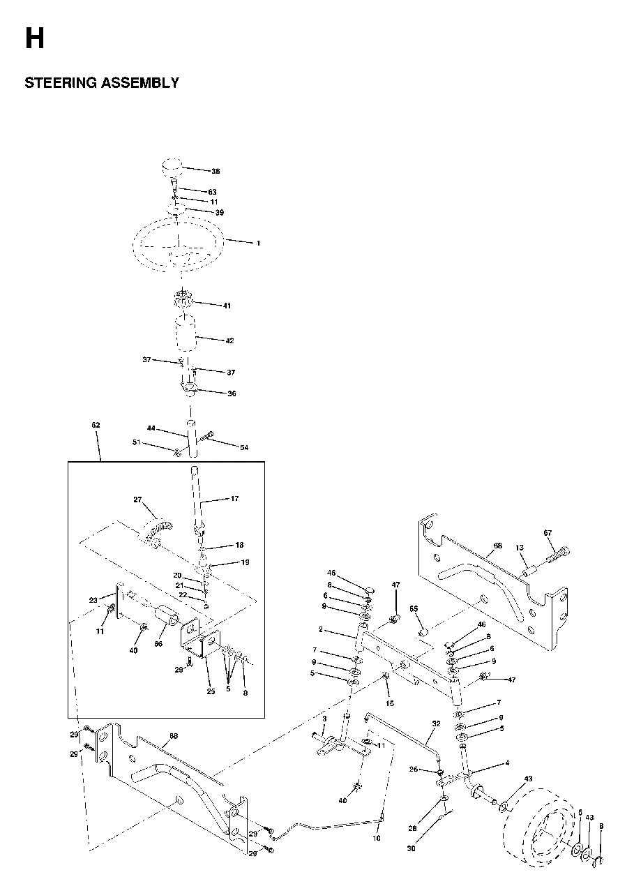 Steering Diagram and Parts List for LTH18 1998-02 Jonsered Lawn Tractor