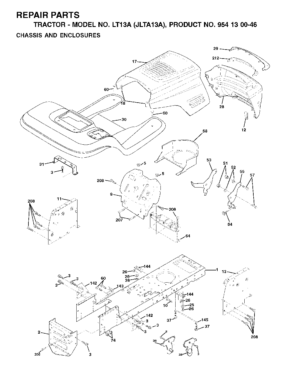 Chassis Enclosures Diagram and Parts List for LT13A (954130046)(2001-01) Jonsered Lawn Tractor