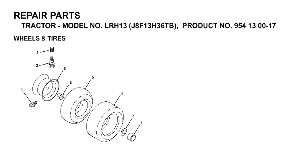 Wheels Tires Diagram and Parts List for LRH13 (954130017)(1998-12) Jonsered Lawn Tractor