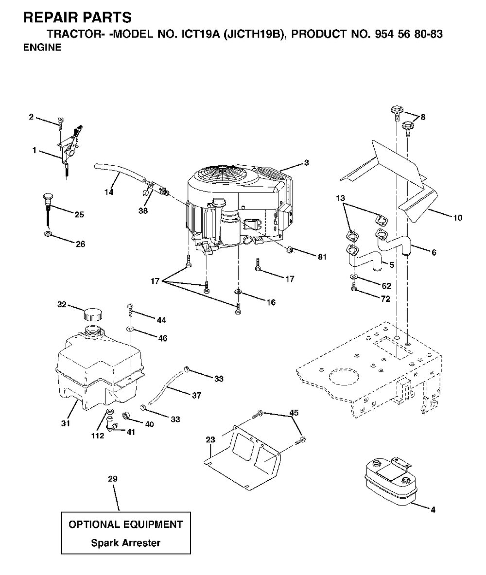 Engine Diagram and Parts List for ICT19A (954568083)(2002-03) Jonsered Lawn Tractor