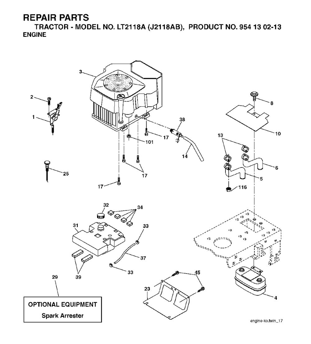 Engine Diagram and Parts List for LT2118A (954130213)(2004-06) Jonsered Lawn Tractor