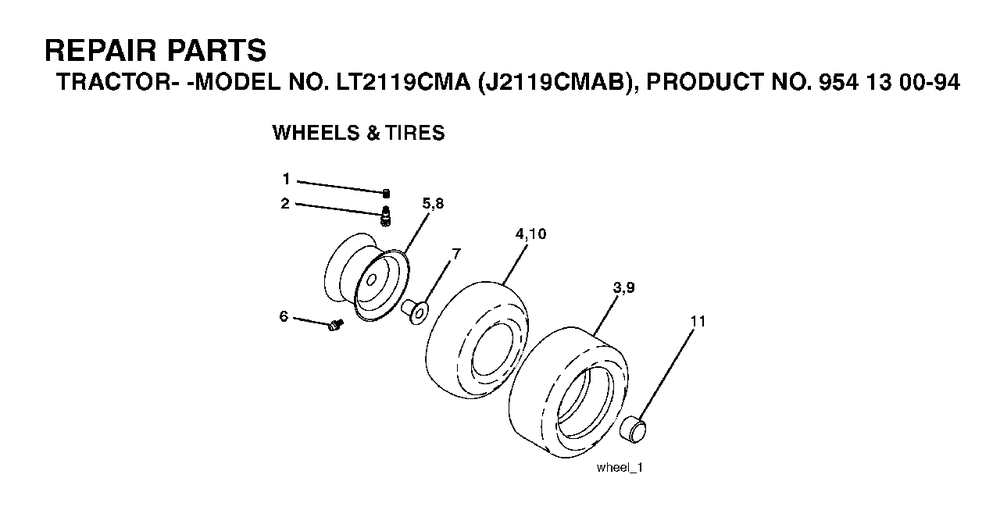 Wheels Tires Diagram and Parts List for LT2119CMA (954130094)(2003-05) Jonsered Lawn Tractor