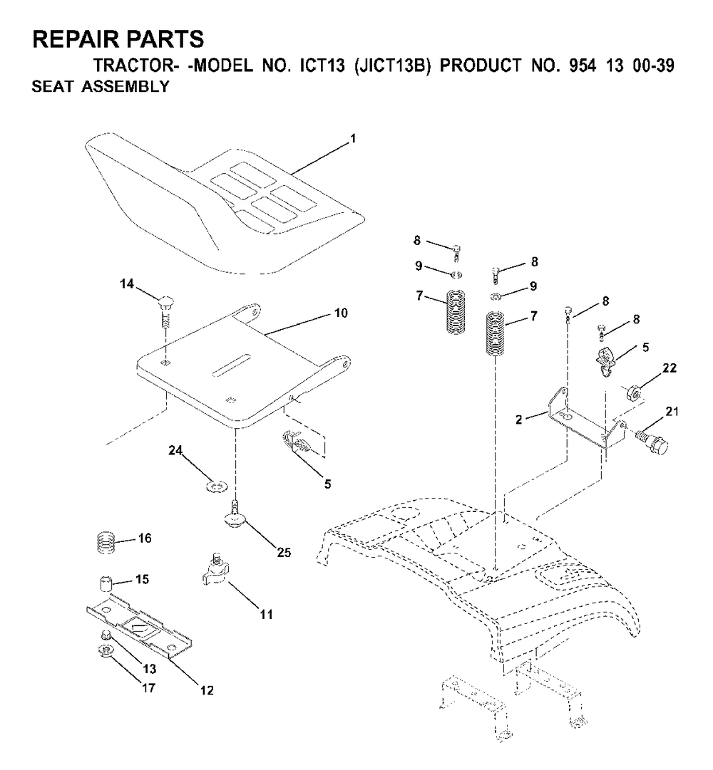 Seat Diagram and Parts List for ICT13 (954130039)(2000-02) Jonsered Lawn Tractor