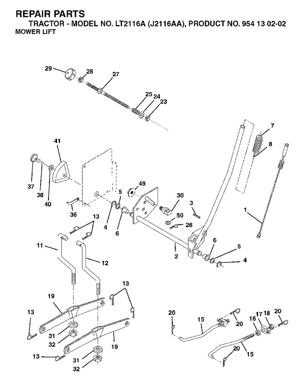 Mower Lift / Deck Lift Diagram and Parts List for LT2116A (954130202-A)(2003-01) Jonsered Lawn Tractor