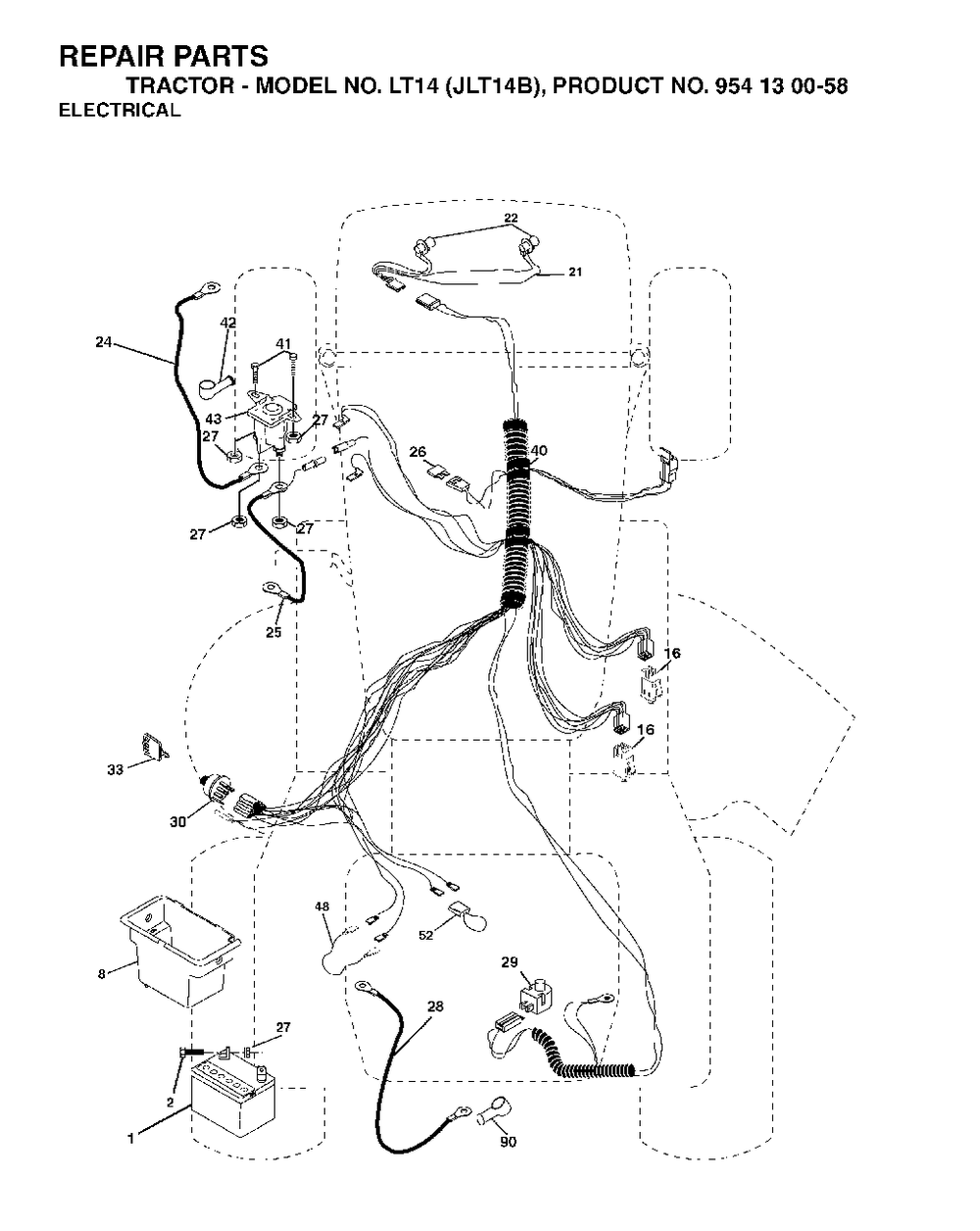 Electrical Diagram and Parts List for LT14 (954130058)(2003-01) Jonsered Lawn Tractor