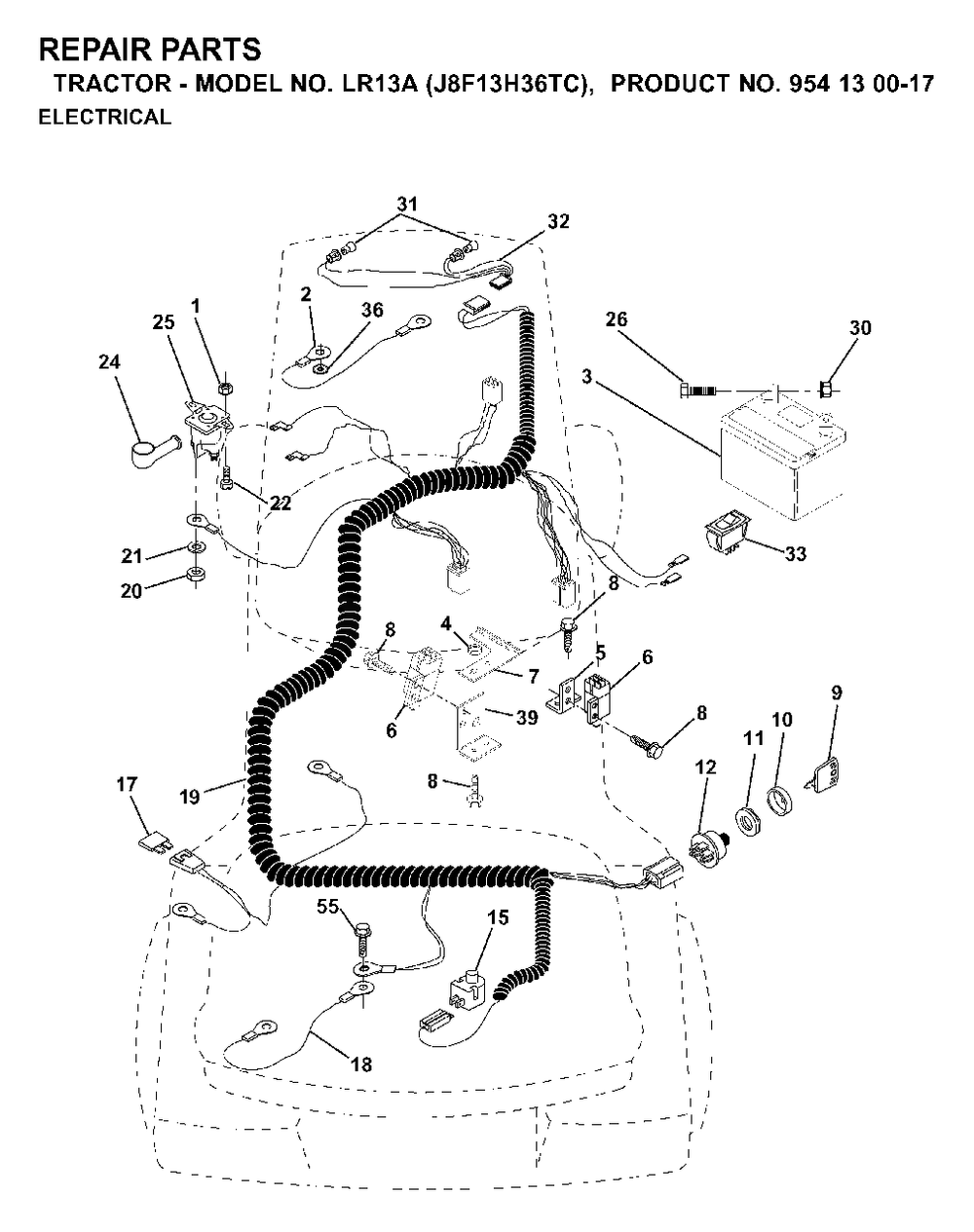 Electrical Diagram and Parts List for LR13A (954130017)(2000-02) Jonsered Lawn Tractor
