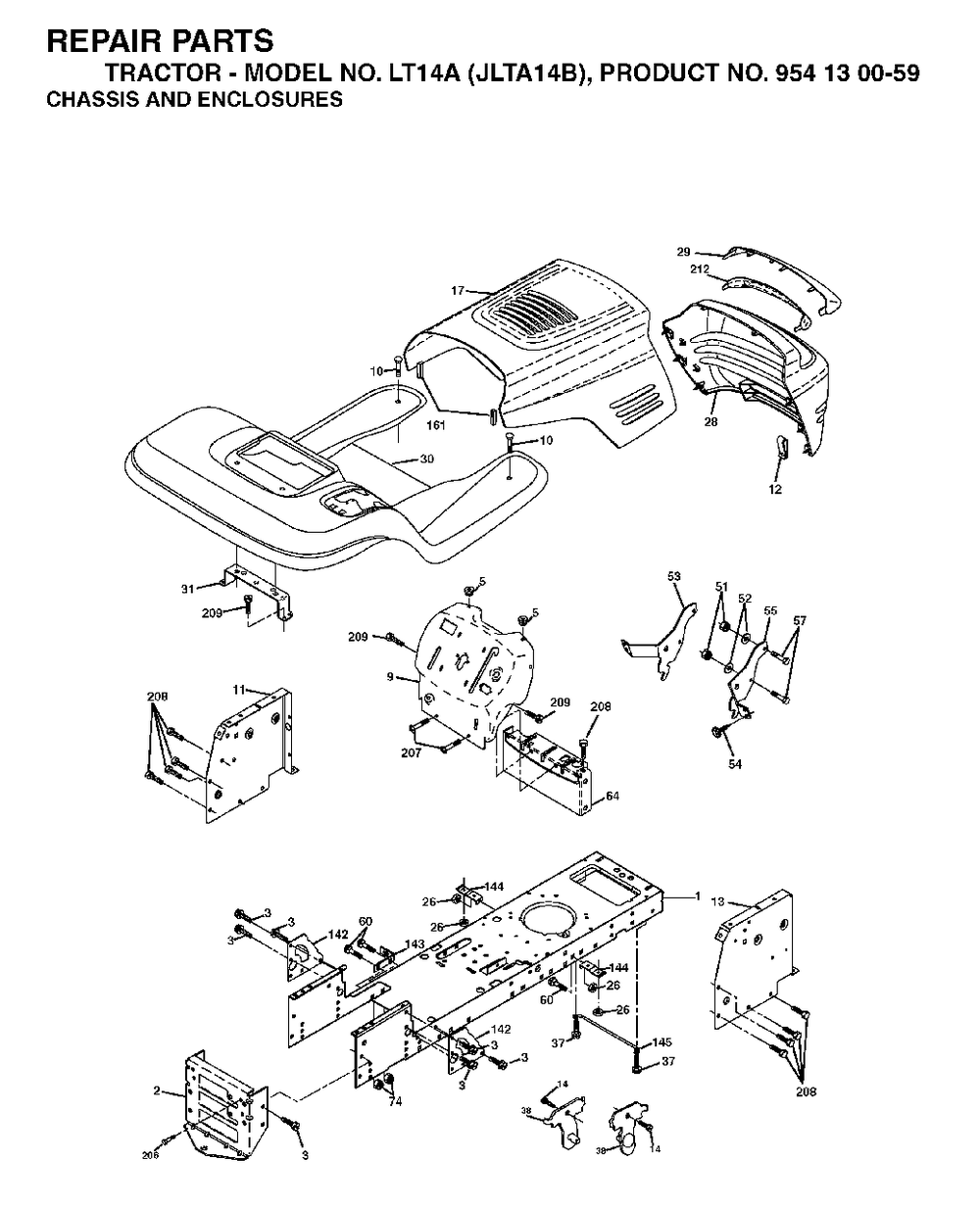 Chassis Enclosures Diagram and Parts List for LT14A (954130059)(2003-01) Jonsered Lawn Tractor